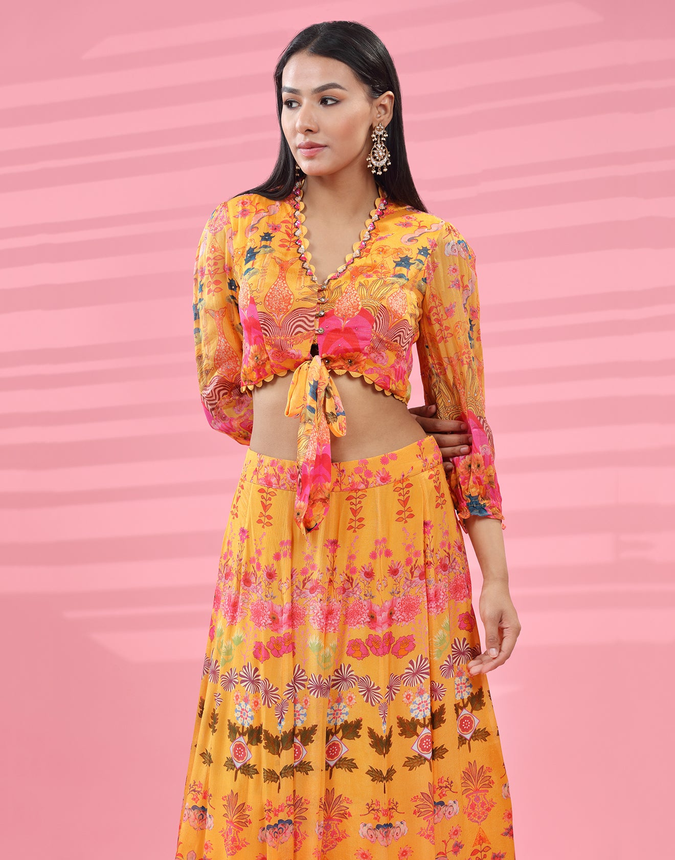 Shaded Mustard Yellow And Pink Printed Flared Festive Fusion Co-ord Set