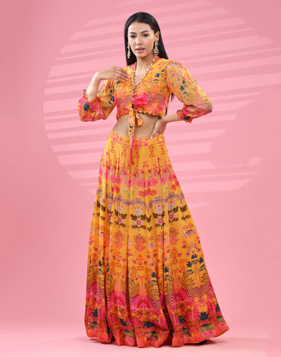 Shaded Mustard Yellow And Pink Printed Flared Festive Fusion Co-ord Set