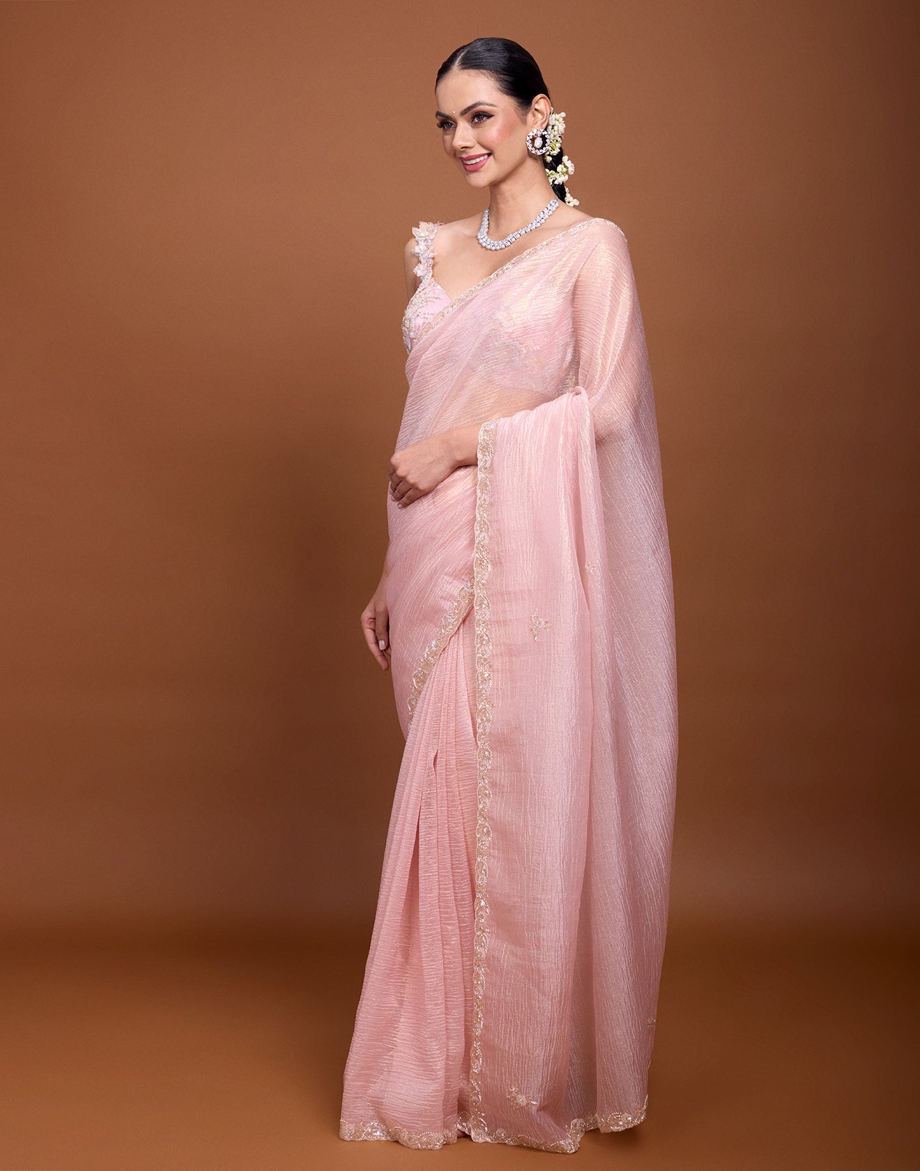 Shimmer Peach Crushed Silk Embellished Saree