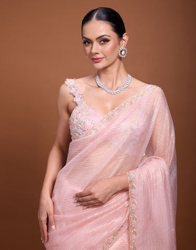 Shimmer Peach Crushed Silk Embellished Saree