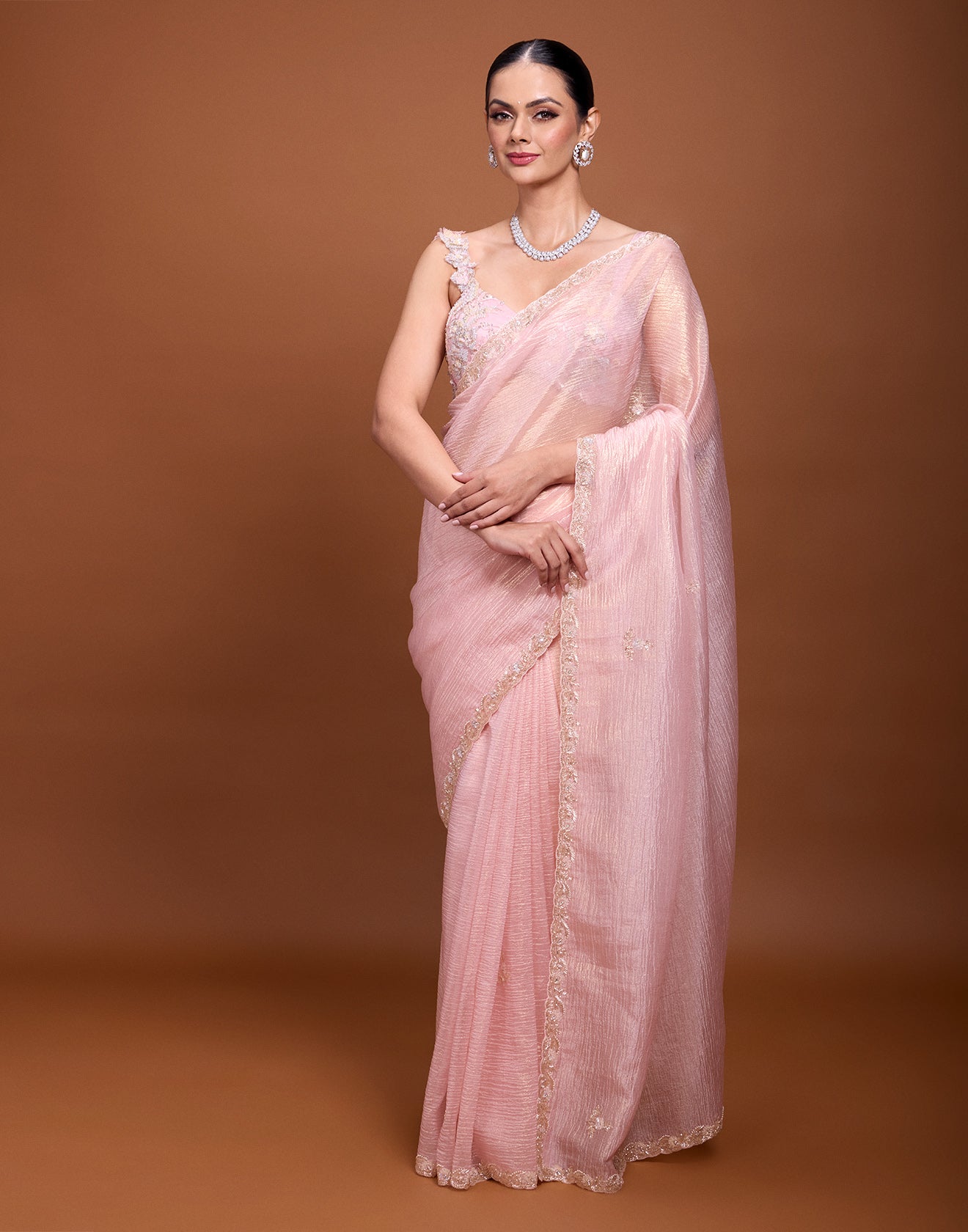 Shimmer Peach Crushed Silk Embellished Saree