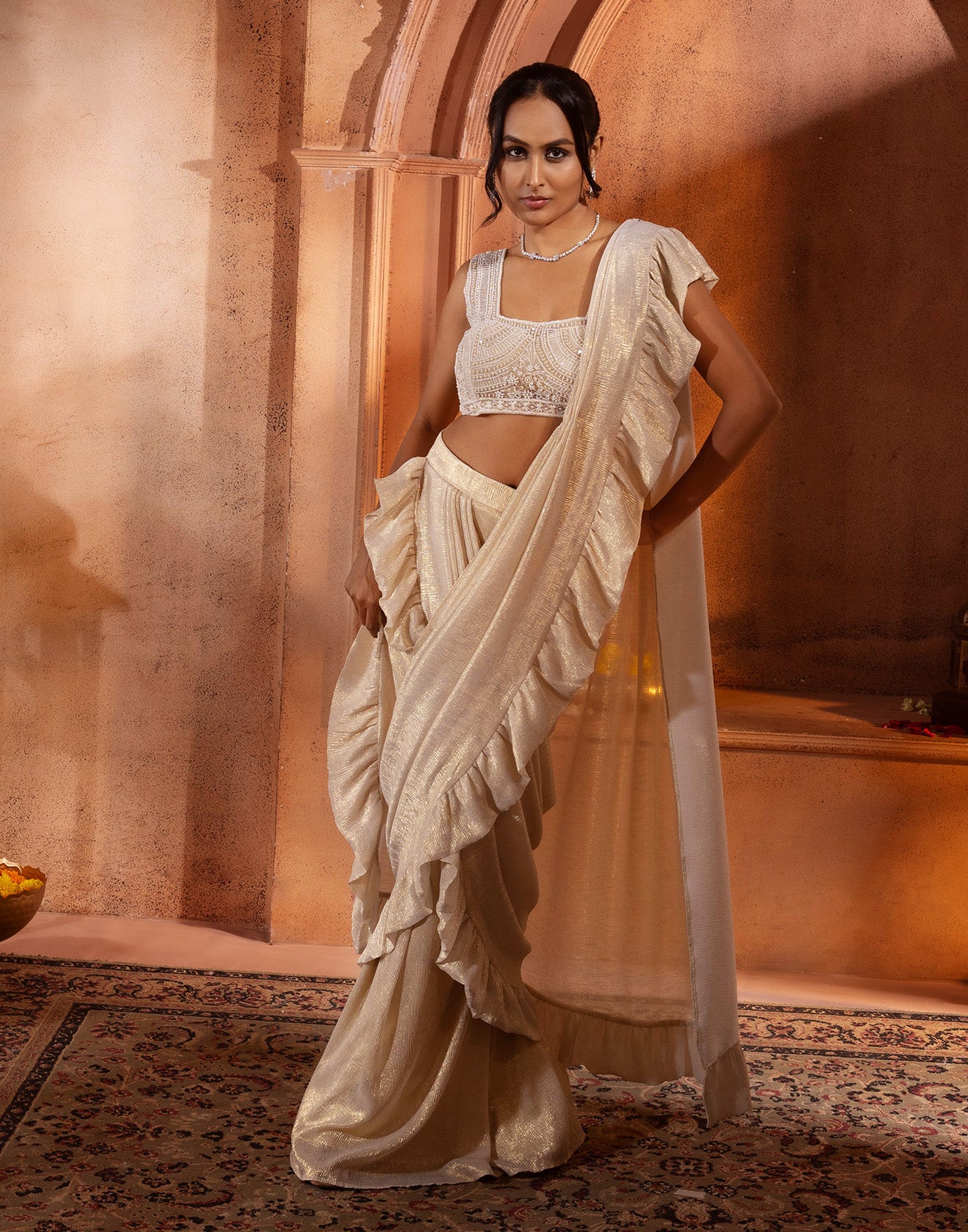 Shimmering Gold Pre-Stitched Ruffle Saree