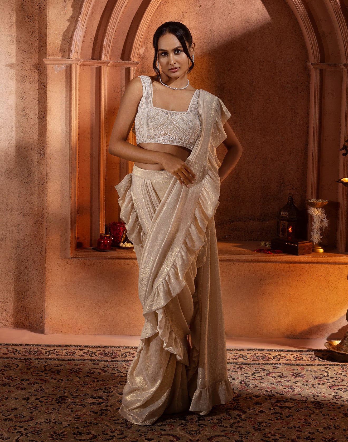 Shimmering Gold Pre-Stitched Ruffle Saree