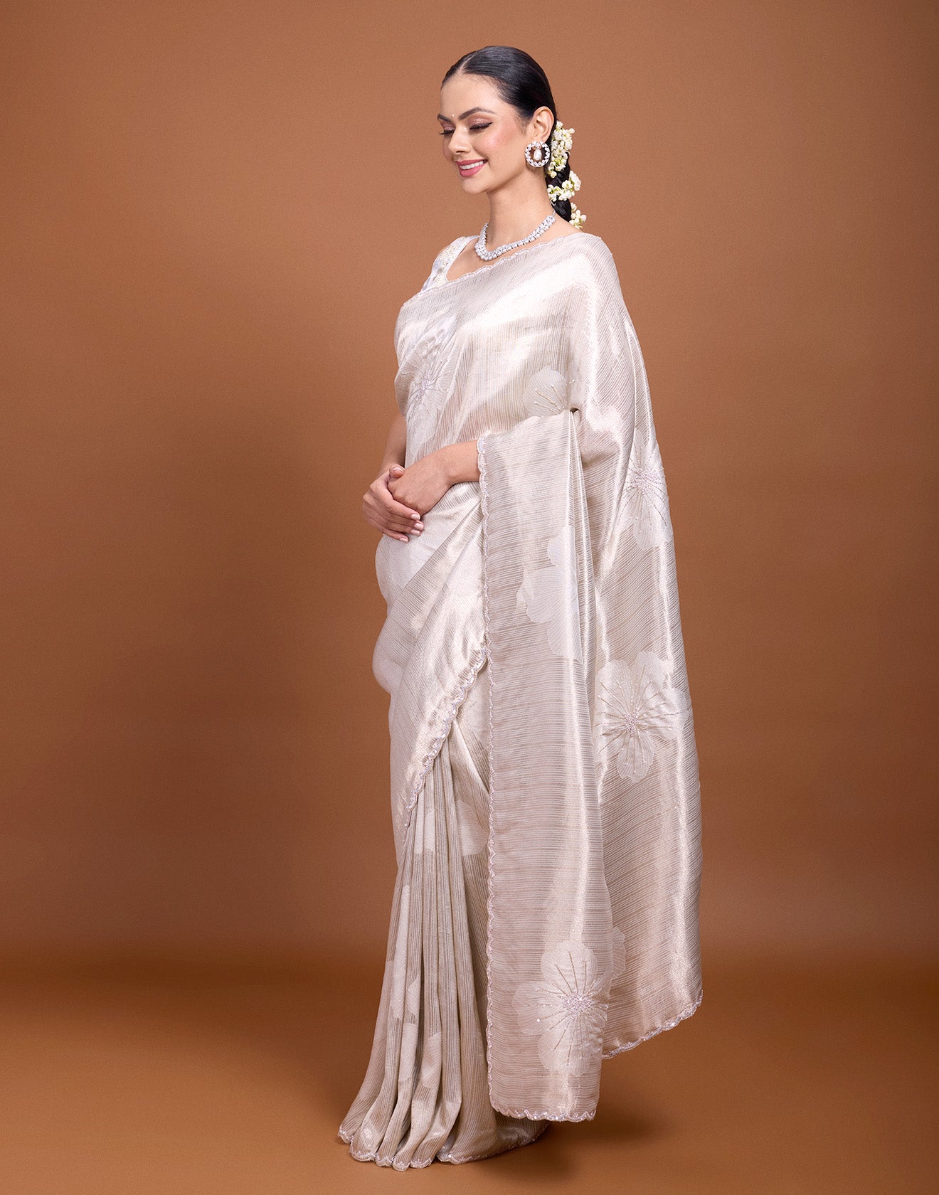 Shining Pearl Grey Embellished Silk Saree