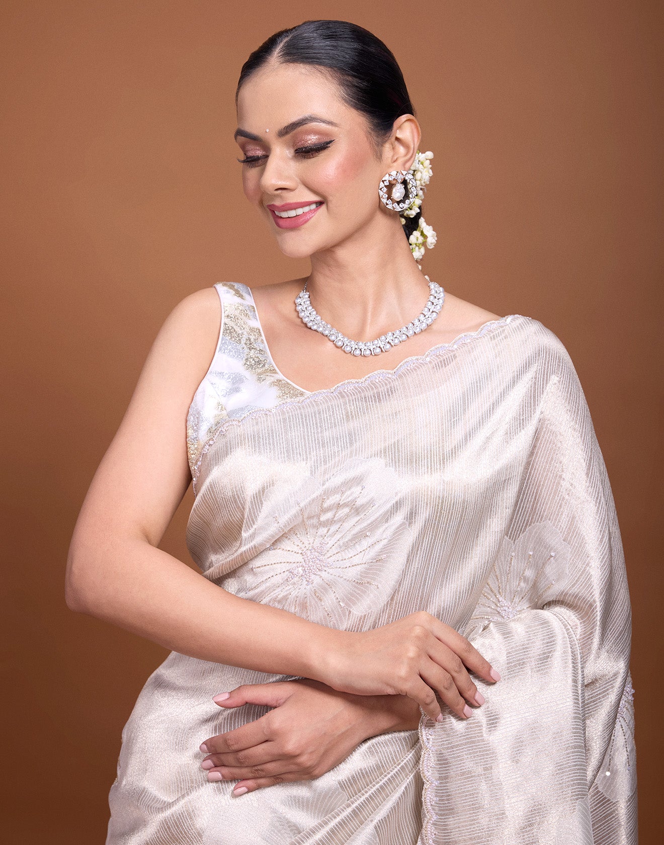 Shining Pearl Grey Embellished Silk Saree