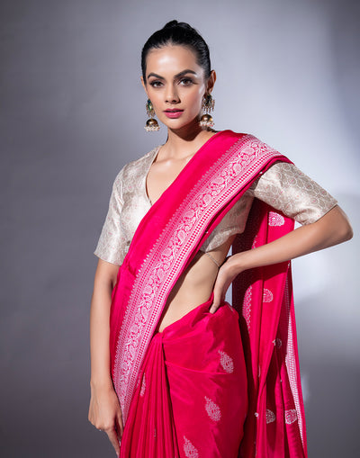 Shiny Bright Pink Woven Saree In Silver Weave
