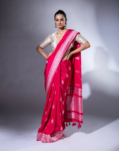 Shiny Bright Pink Woven Saree In Silver Weave