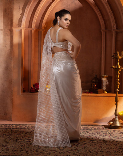 Silver White Embellished Chic Cocktail Pre-Stitched Saree