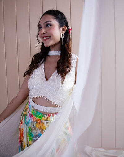 Snow White Embroidered Crop Top With Multicolor Georgette Palazzo Set