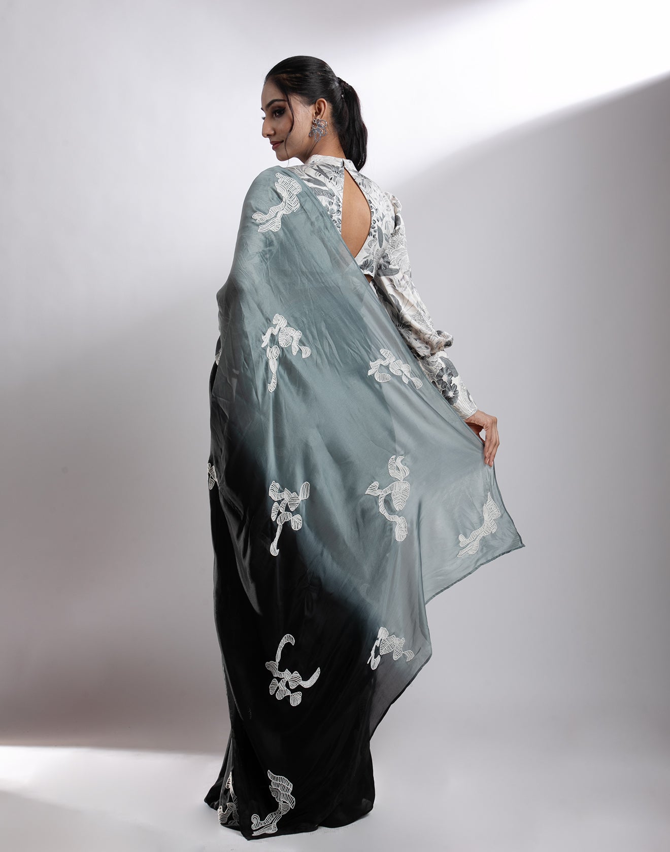 Buy Steel Grey And Black Ombre Pearl Embellished Saree Online