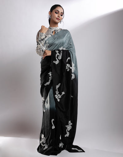 Buy Steel Grey And Black Ombre Pearl Embellished Saree Online