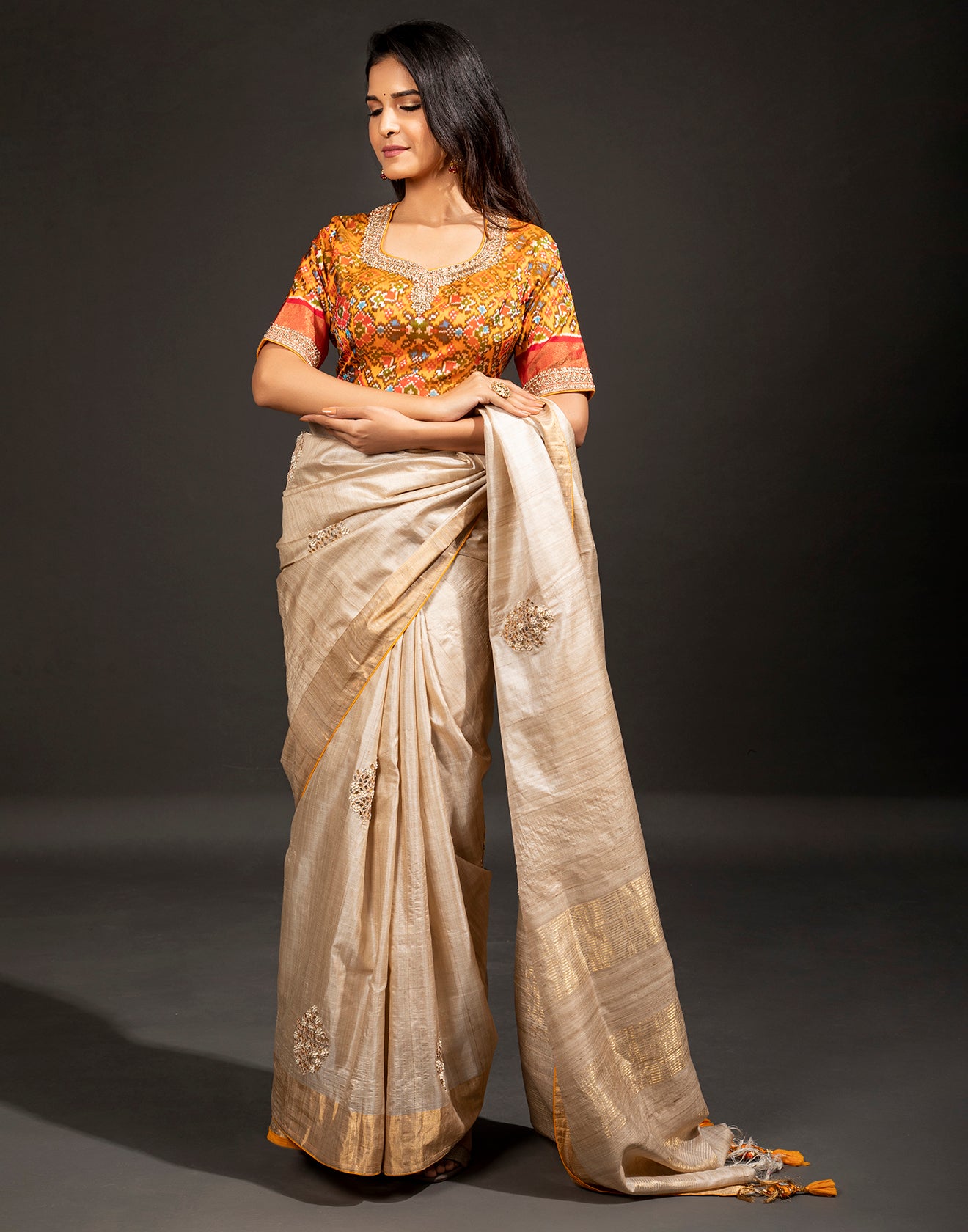 Subtle Beige Festive Saree With Stitched Blouse