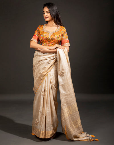 Subtle Beige Festive Saree With Stitched Blouse