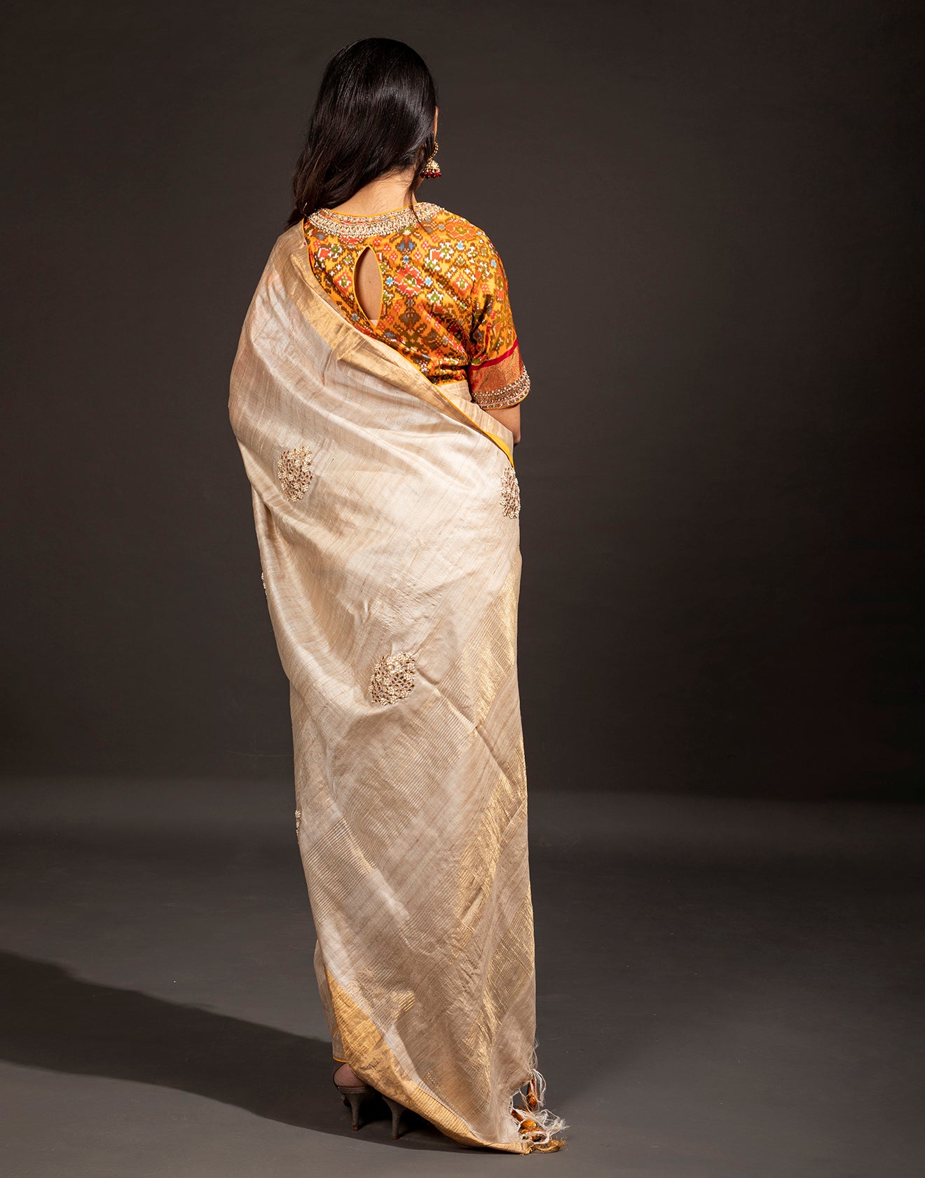 Subtle Beige Festive Saree With Stitched Blouse