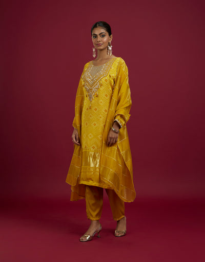 Sunflower Yellow Bandhej & Patola Printed Festive Kurta Set