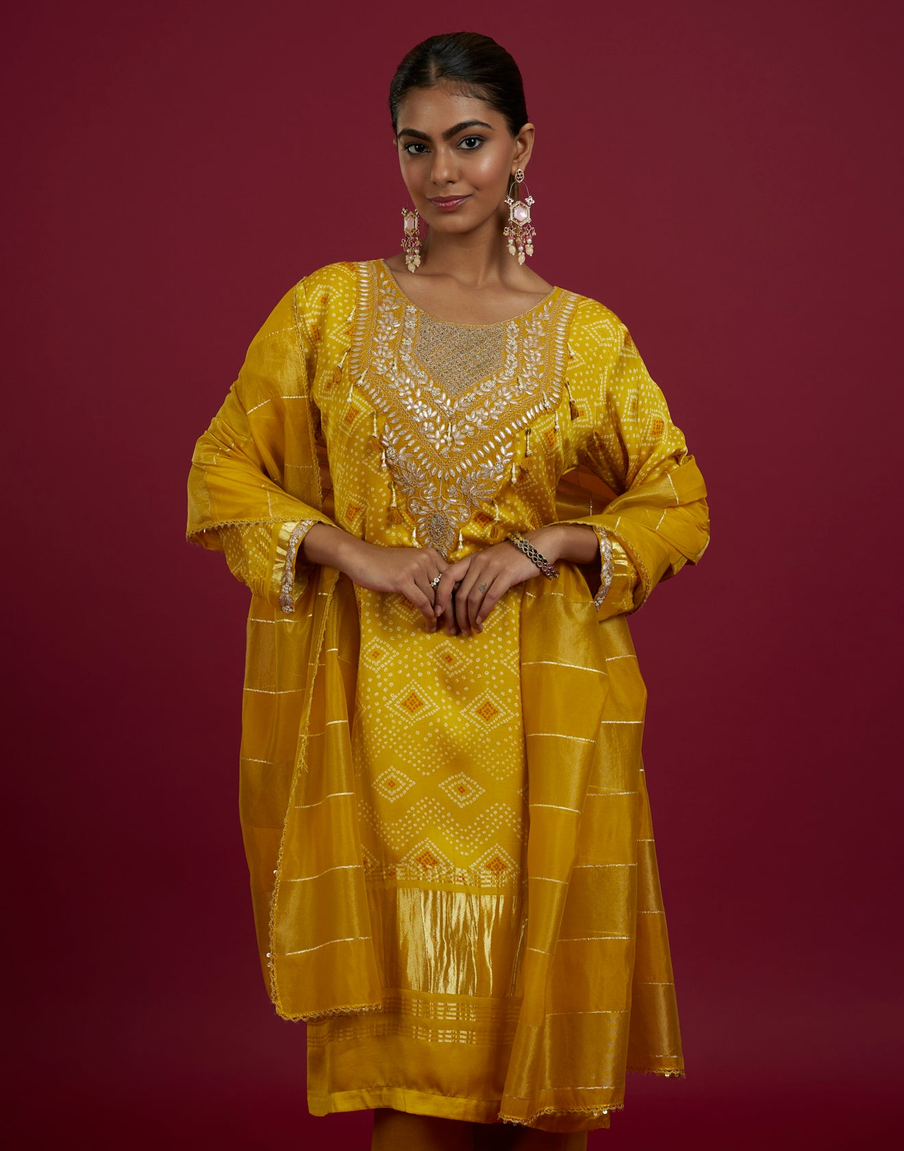 Sunflower Yellow Bandhej & Patola Printed Festive Kurta Set