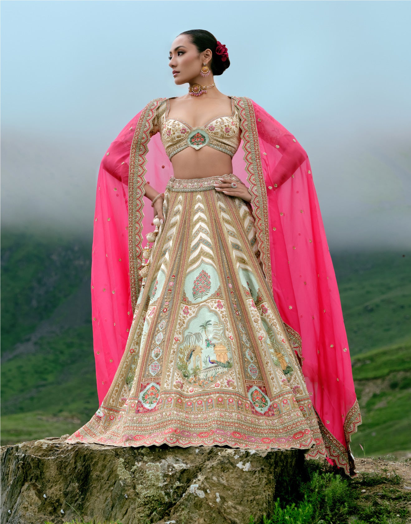 The Mughal Jharokha Print With Embroidery Bridal Lehenga