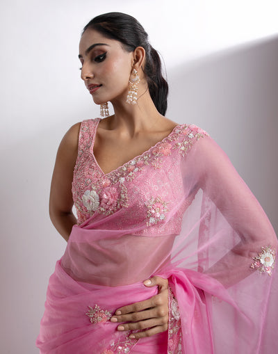 Buy Tickled Pink Embroidered Organza Saree Online