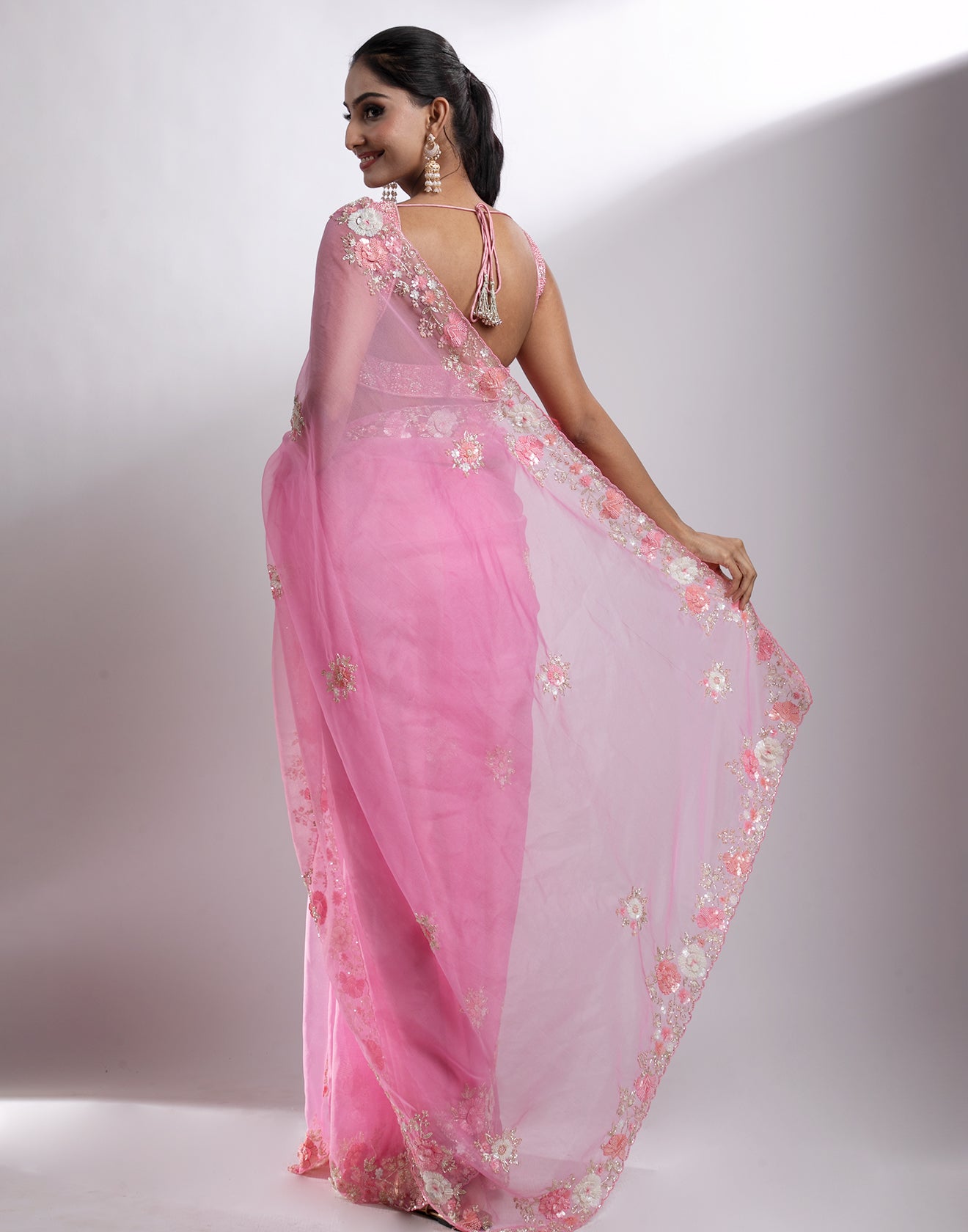 Buy Tickled Pink Embroidered Organza Saree Online
