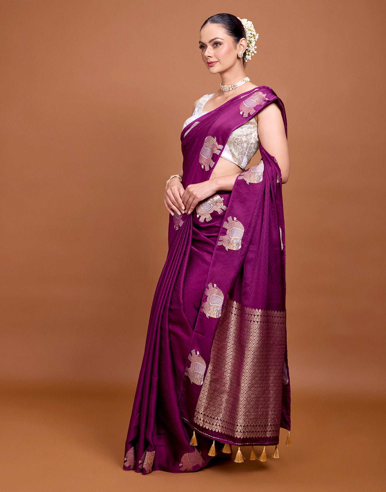 Traditional Aster Jacquard Silk Saree With Haati Border