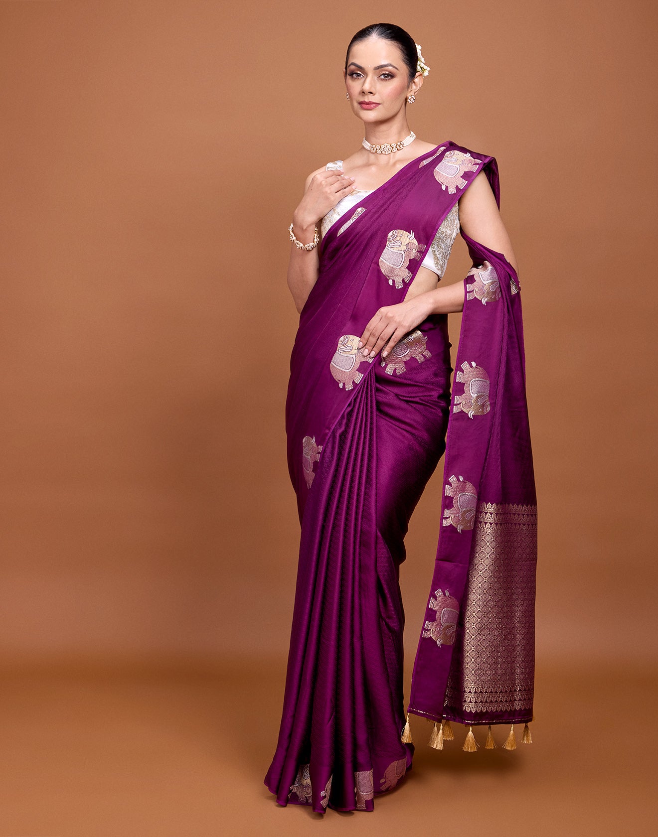 Traditional Aster Jacquard Silk Saree With Haati Border