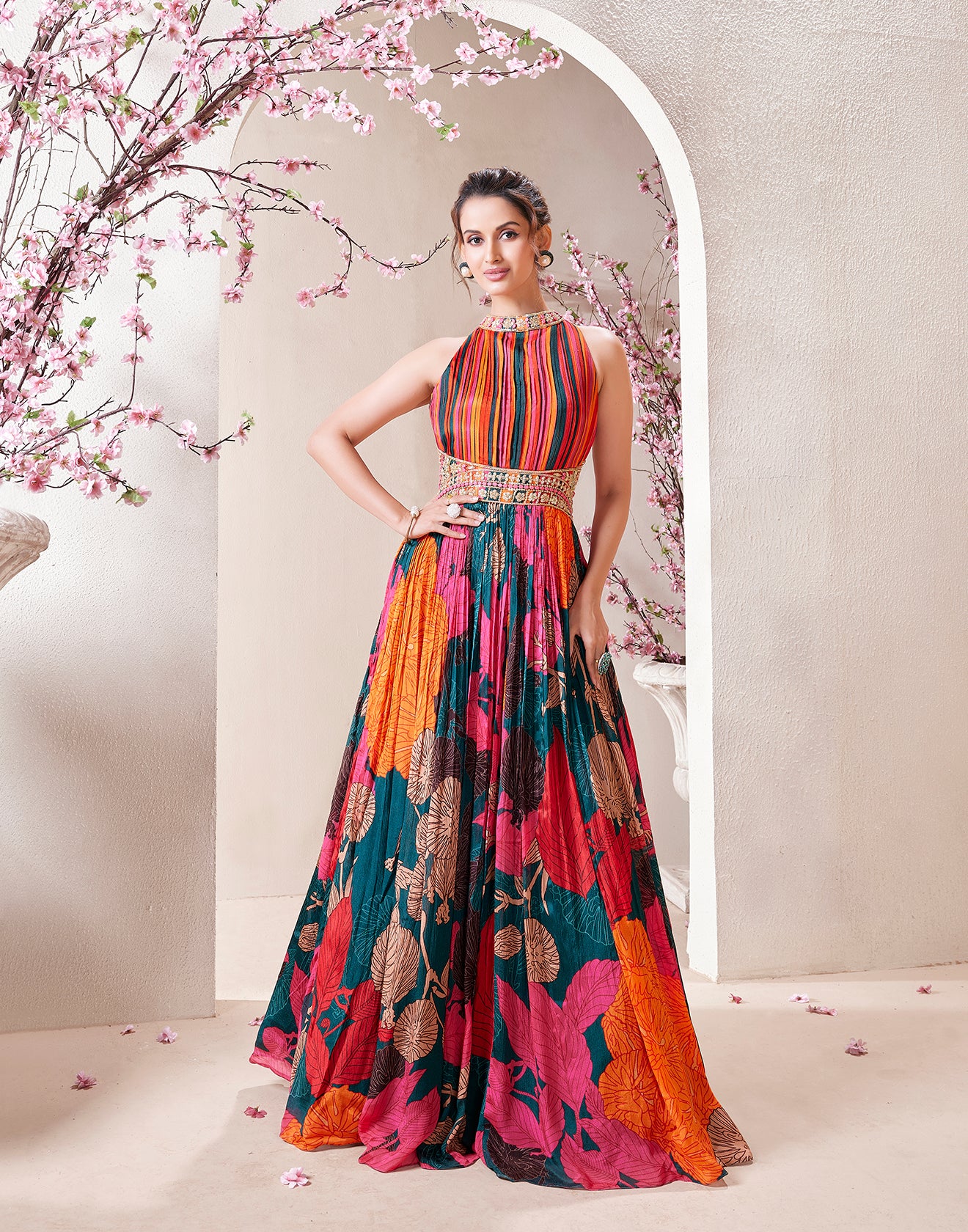 Tropical Hues Pleated Flared Festive Gown