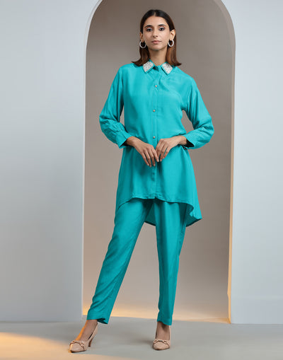 Turquoise Embellished Shirt And Pant Set