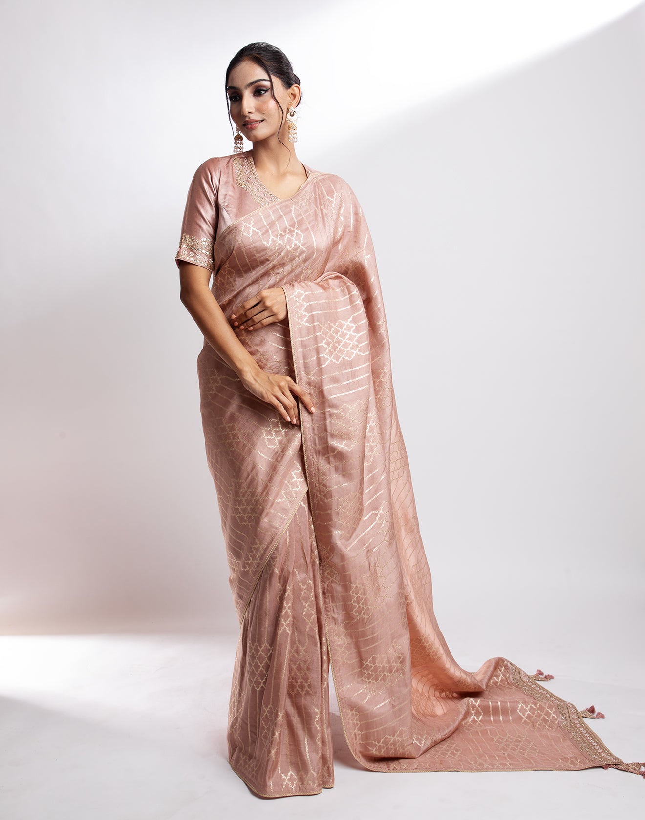 Umber Bronze Blended Silk Saree With Stitched Blouse