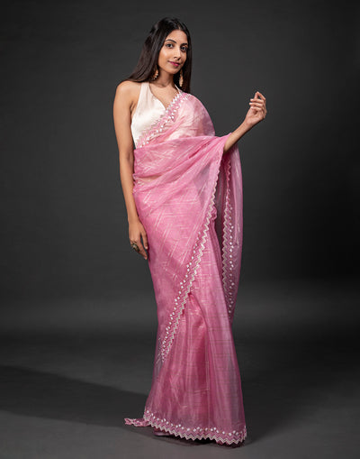 Valentine Pink Saree In Organza With Unstitched Blouse
