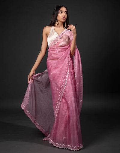 Valentine Pink Saree In Organza With Unstitched Blouse
