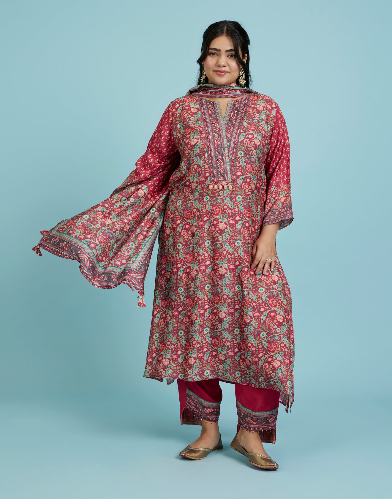 Vermilion Red Kalamkari Printed Kurta Set