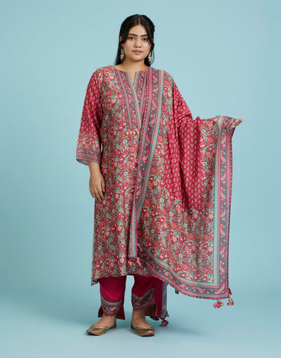 Vermilion Red Kalamkari Printed Kurta Set