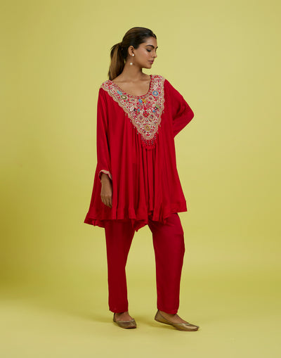 Vibrant Berry Flared Festive Embroidered Co-Ord Kurta Set