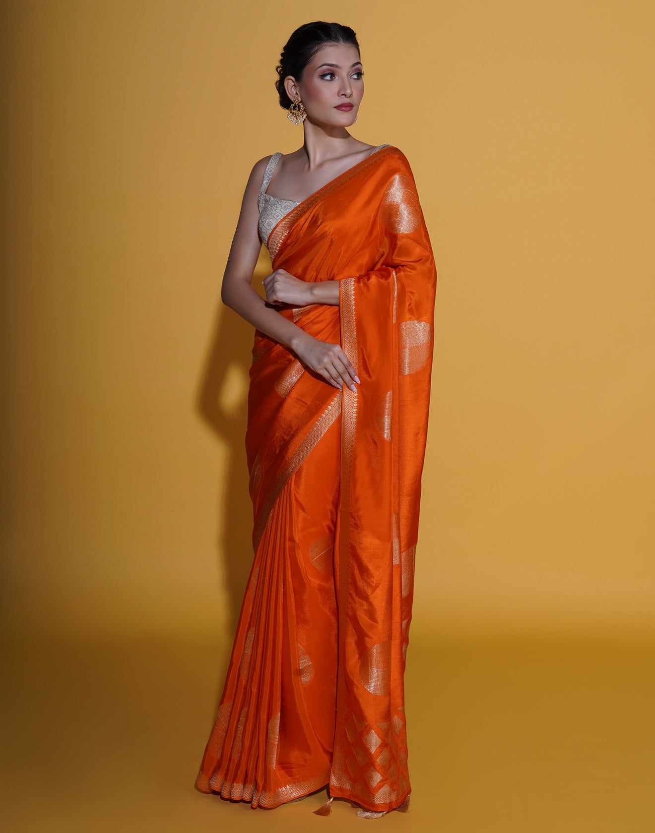 Vibrant Orange Saree In Retro Polka Weave