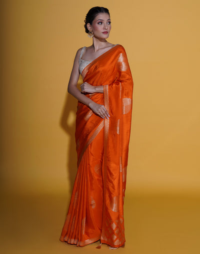 Vibrant Orange Saree In Retro Polka Weave