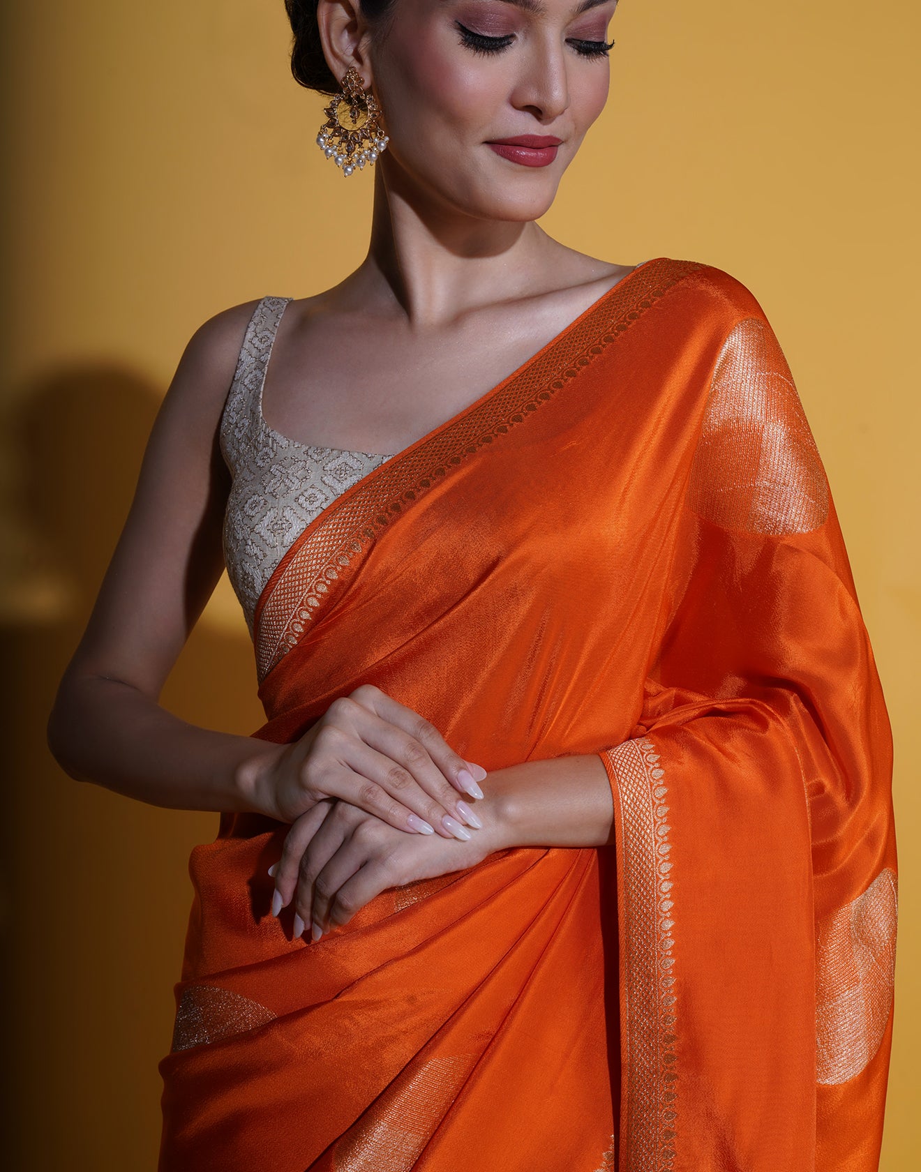 Vibrant Orange Saree In Retro Polka Weave