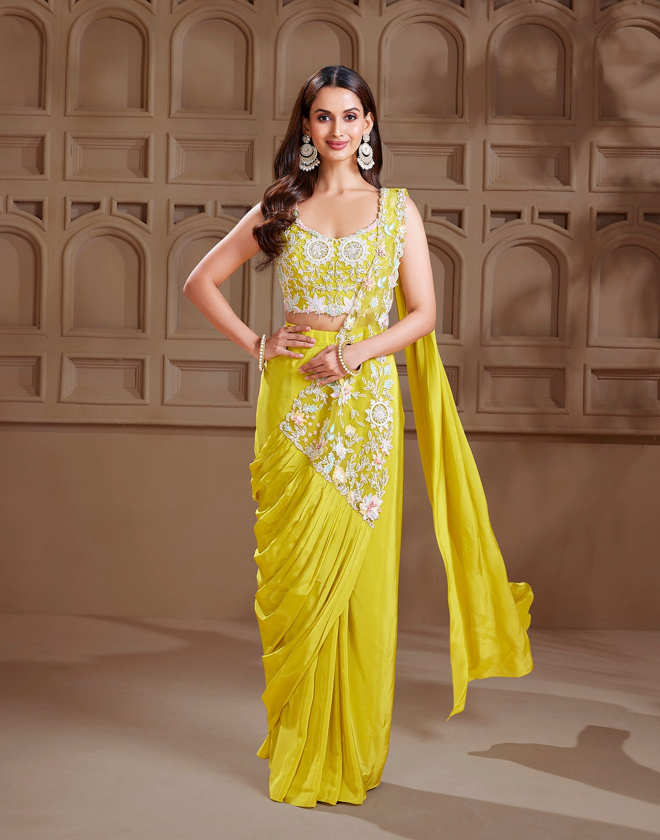 Vibrant Parakeet Embellished Pre-Stitched Saree