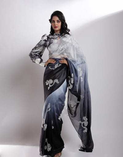 Buy White And Navy Blue Ombre Embellished Organza Saree Online 