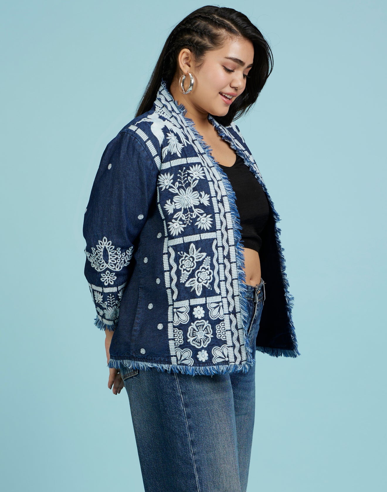 Buy White Phoenix Thread Embroidered Denim Jacket Online