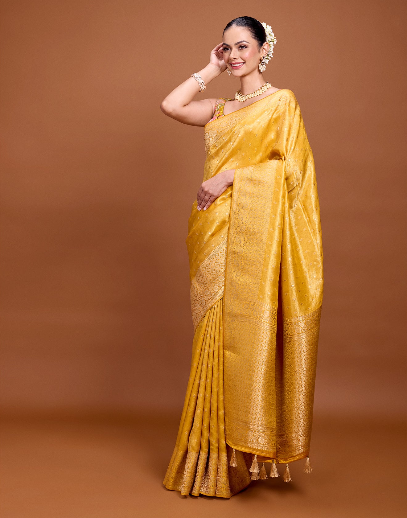 Yellow Daffodil Zari Butti Festive Silk Saree