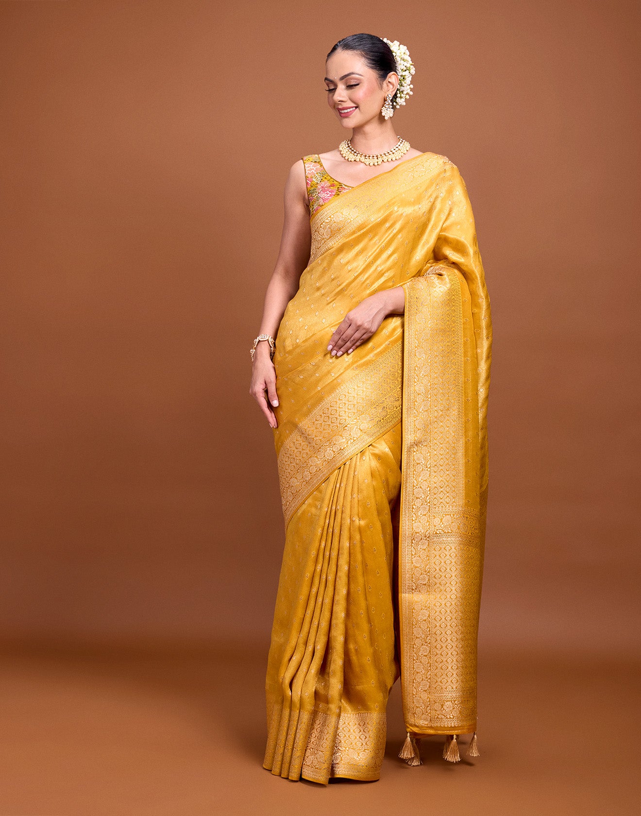 Yellow Daffodil Zari Butti Festive Silk Saree