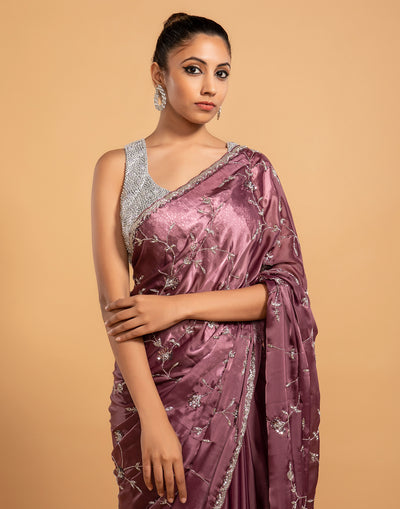 Zerg Mauve Embroidered Georgette Saree