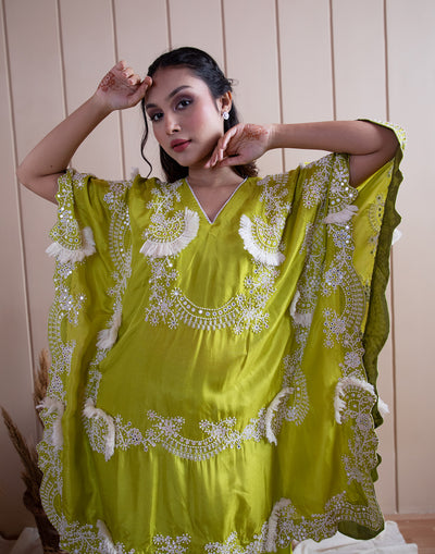 Buy Zesty Green Frayed Embroidered Kaftan Set Online
