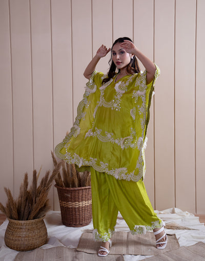 Buy Zesty Green Frayed Embroidered Kaftan Set Online