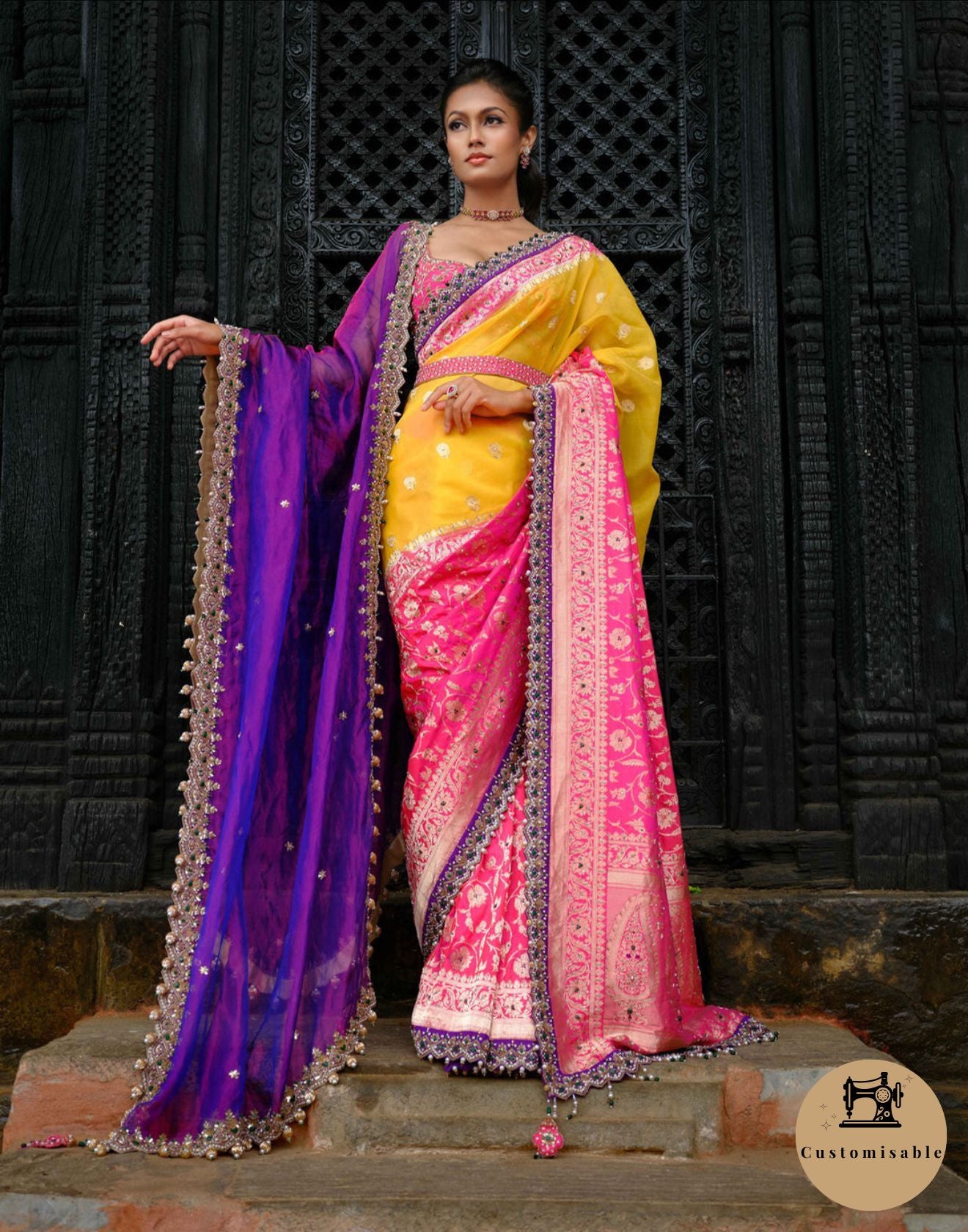 Amber Yellow & Raani Pink Banarasi Saree With Embroidered Blouse & Two Tone Organza Dupatta