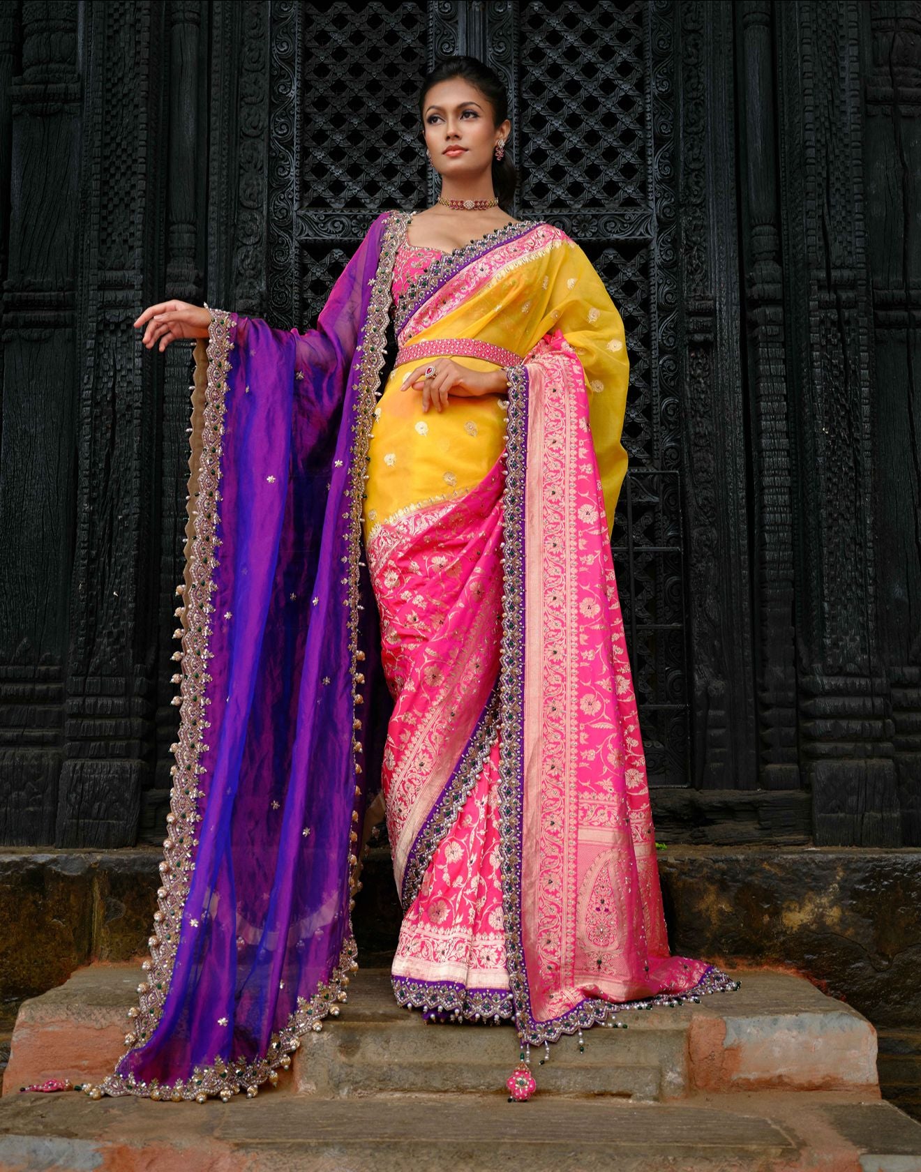 Amber Yellow & Raani Pink Banarasi Saree With Embroidered Blouse & Two Tone Organza Dupatta
