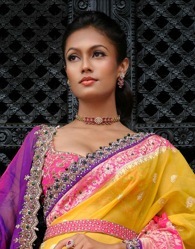 Amber Yellow & Raani Pink Banarasi Saree With Embroidered Blouse & Two Tone Organza Dupatta