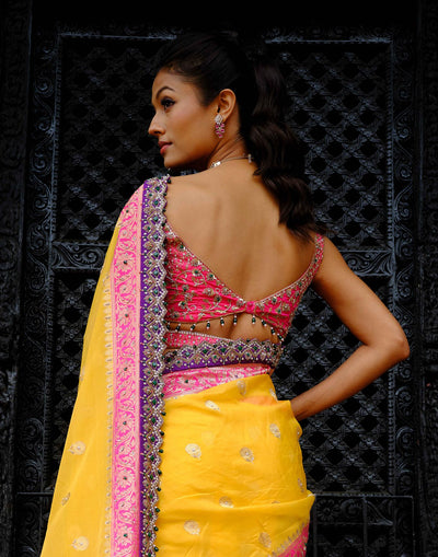 Amber Yellow & Raani Pink Banarasi Saree With Embroidered Blouse & Two Tone Organza Dupatta