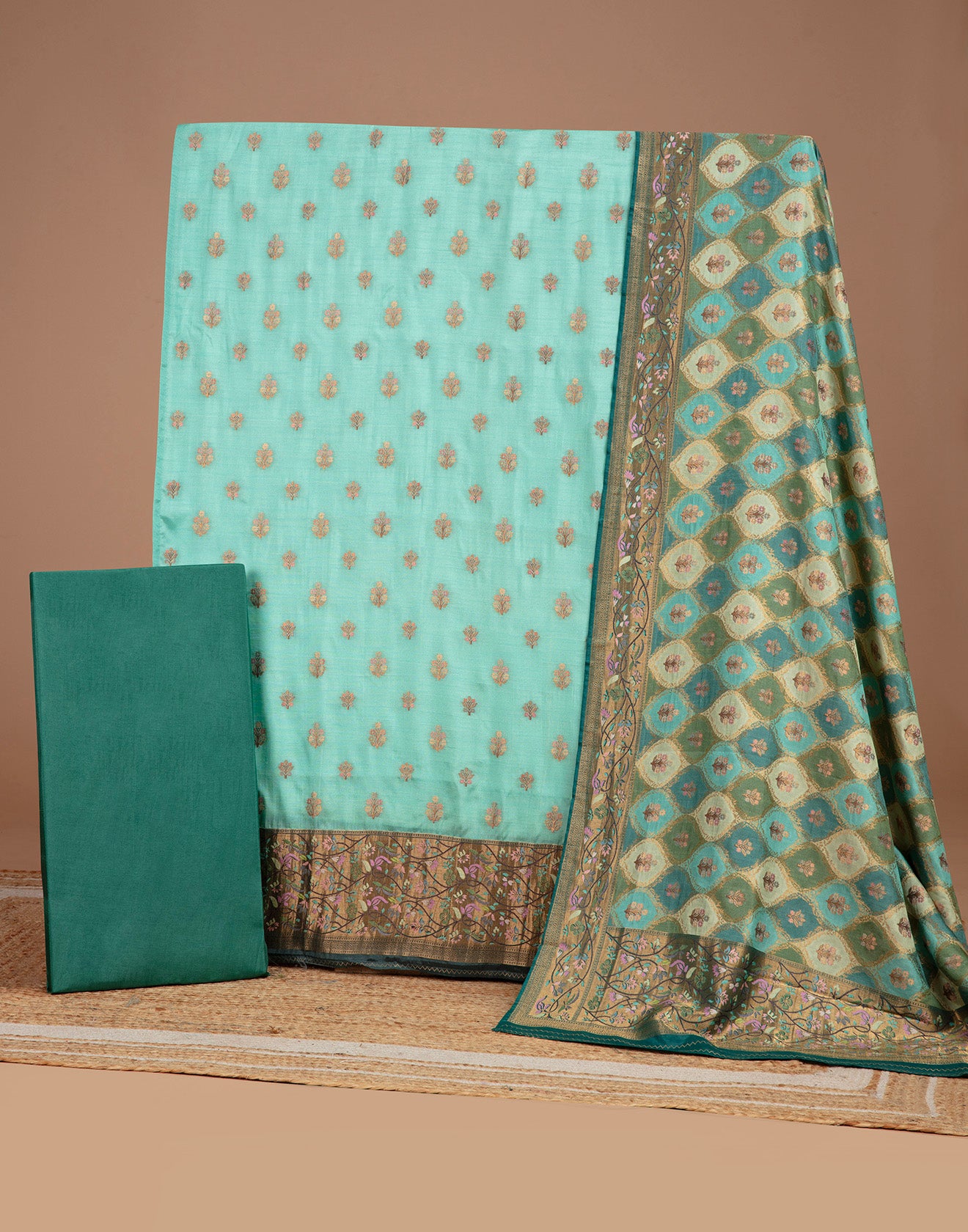 Aqua Green Woven Design Silk Unstitched Suit Set