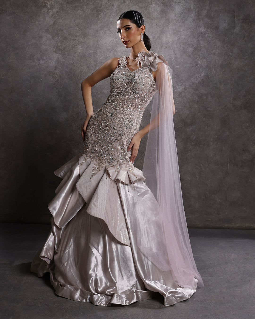 Ashnoor KaurXRoopkala Embellished Ruffle Layered Gown